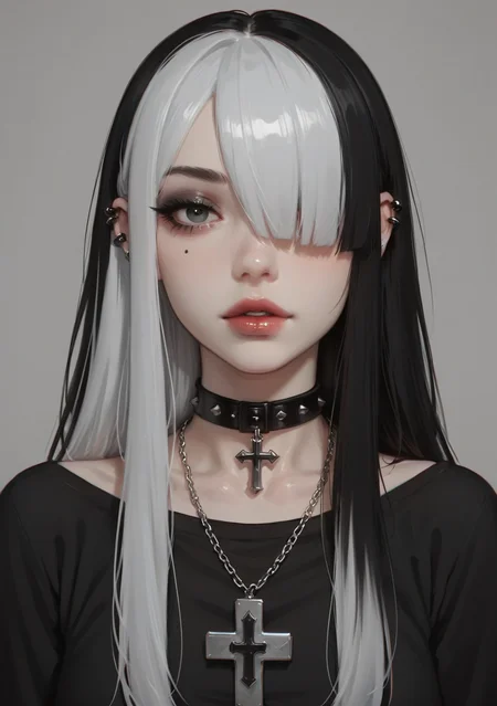 Goth girl, Goth girl 1girl 1girl,solo,long hair,looking at viewer,simple background,black hair, jewelry,white hair,multicolored hair,choker,black eyes,grey background,necklace,(hair over one eye),two-tone hair,cross,portrait Ponyv5-000016