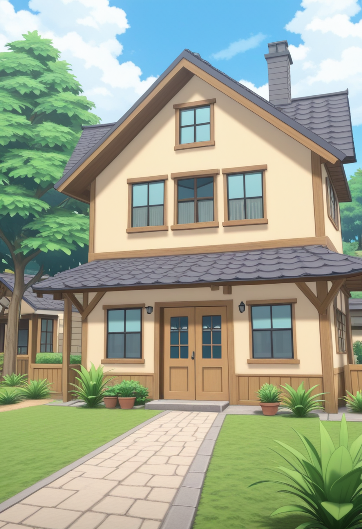 n1s, anime, highly-detailed, best quality, masterpiece, very aesthetic, scenery, house, trees, grass