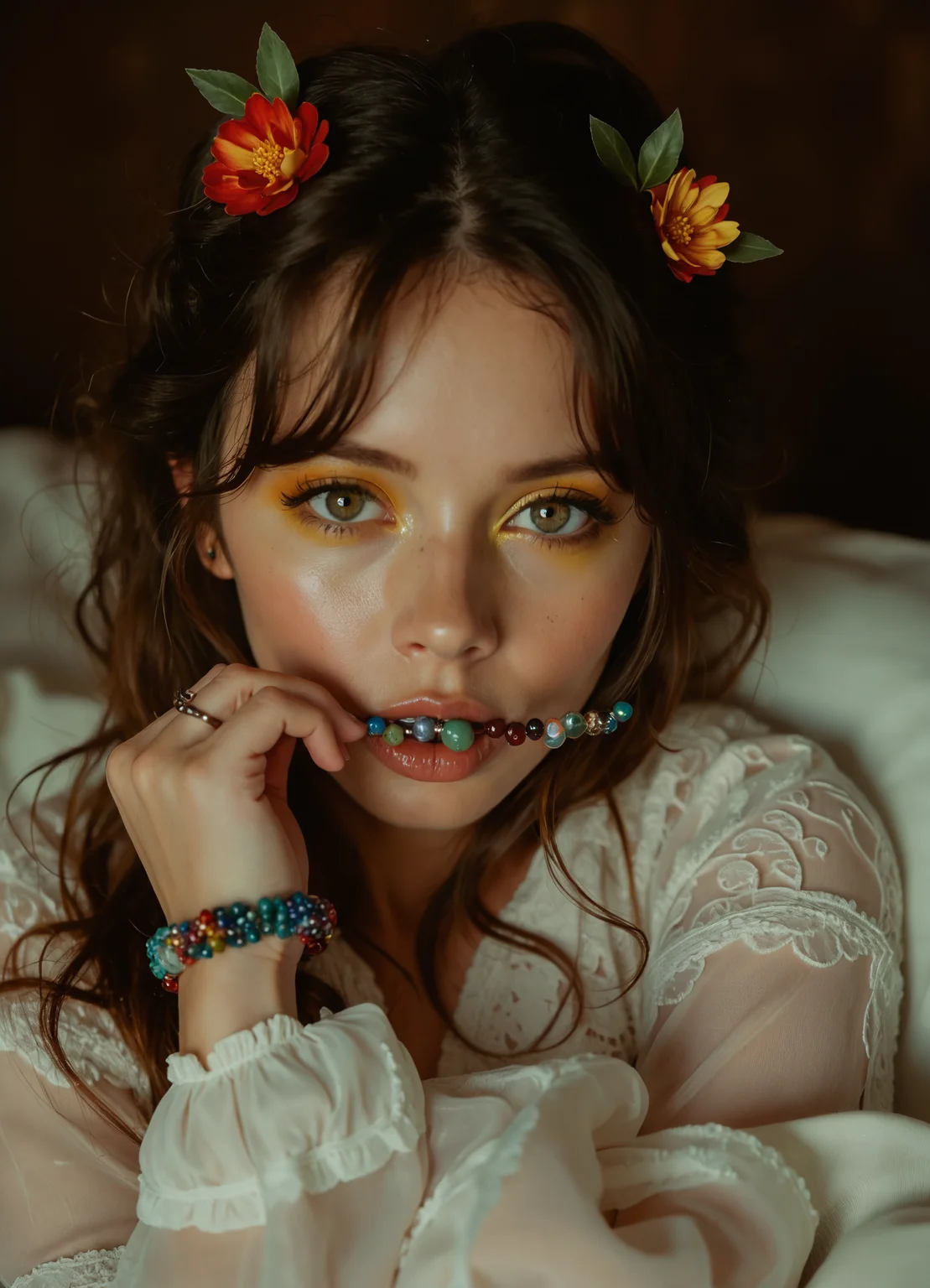A close-up portrait of a woman lying on a soft, textured surface. She wears a white blouse with intricate lace detailing. Her eyes are accentuated with bold yellow eyeshadow, and she holds a multicolored beaded bracelet in front of her mouth. Floral hairpins in red, yellow, blue, and green adorn her hair. The background is a muted brown, contrasting with the vibrant colors of her makeup and hairpins. The image style is contemporary, emphasizing fashion and the interplay of light and shadow