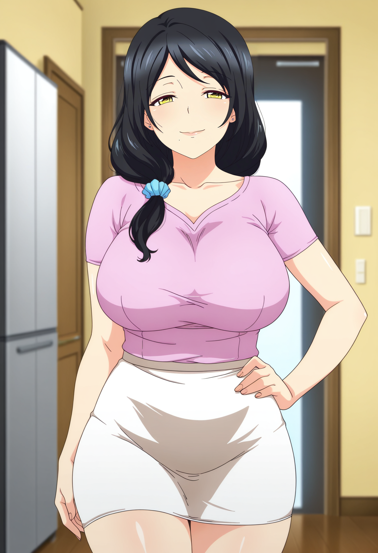 1girl,solo,mm,mature female,black hair,long hair,yellow eyes,mole under mouth,large breasts,anime coloring, 
shirt,skirt,cowboy shot, hand on own hip, looking at viewer, smile,indoors
,masterpiece,best quality,amazing quality,<lora:maronmaron-mother_ix:0.8>
