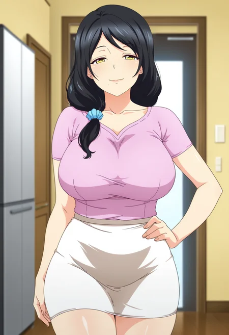 1girl,solo,mm,mature female,black hair,long hair,yellow eyes,mole under mouth,large breasts,anime coloring,
shirt,skirt,cowboy shot, hand on own hip, looking at viewer, smile,indoors
,masterpiece,best quality,amazing quality,<lora:maronmaron-mother_ix:0.8>