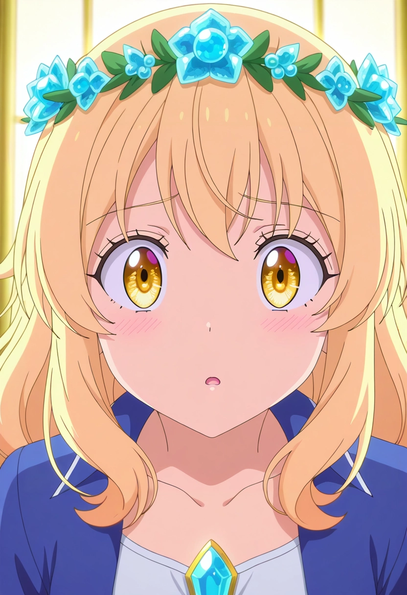 masterpiece, best quality, anime screencap, anime coloring, official style, , looking at viewer, 1girl, gold eyes, light blonde hair, shaggy hair, flower crown,, solo, crystal garden, mineral growths, light pools, gem clusters, examining pose, fascinated expression, prismatic light, <lora:tensura_style_ilxl:1>, tensura_style,