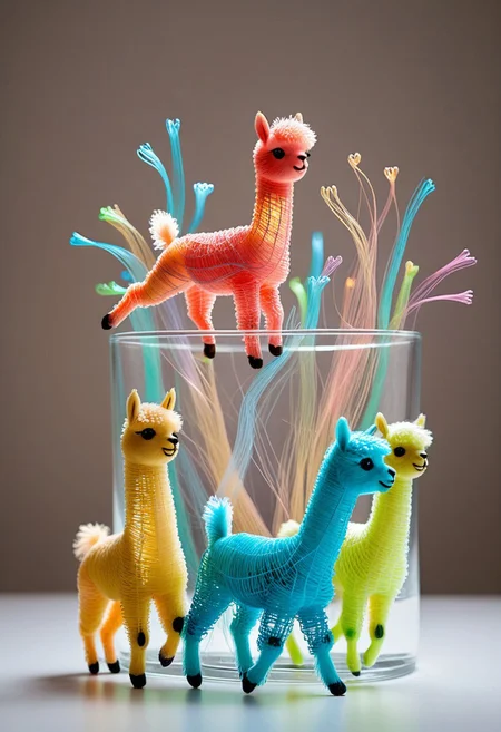 a cute baby style family of alpacas made out of tiny neon glass filaments, some are jumping, in a glass filament landscape, chibi eyes, funny theme, impress CivChan