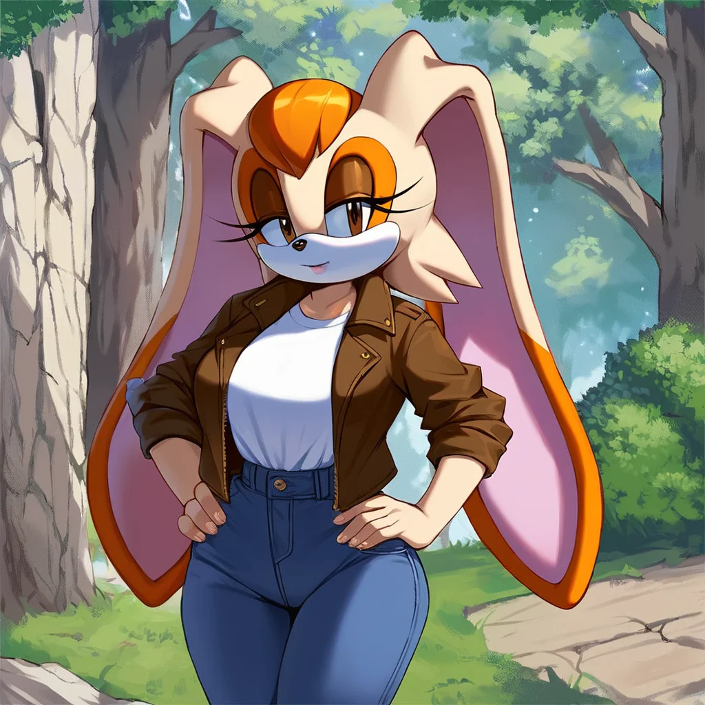 score_9, score_8_up, score_7_up, score_6_up, score_5_up, score_4_up, (Source sonic), (rating safe), vanilla the rabbit, 1girl, solo, outside, wearing blue jeans, white shirt, jacket, large breasts, brown eyes, looking at viewer, standing, outside, trees, fall weather, <lora:Vanilla the rabbit xl :1>, wide hips, rabbit girl, short hair, body fur, hands on hips, anime style