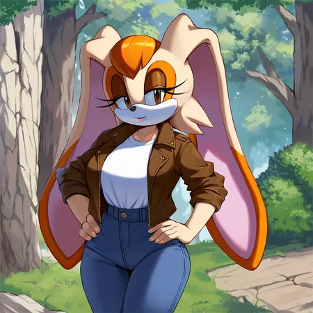 score_9, score_8_up, score_7_up, score_6_up, score_5_up, score_4_up, (Source sonic), (rating safe), vanilla the rabbit, 1girl, solo, outside, wearing blue jeans, white shirt, jacket, large breasts, brown eyes, looking at viewer, standing, outside, trees, fall weather, <lora:Vanilla the rabbit xl :1>, wide hips, rabbit girl, short hair, body fur, hands on hips, anime style