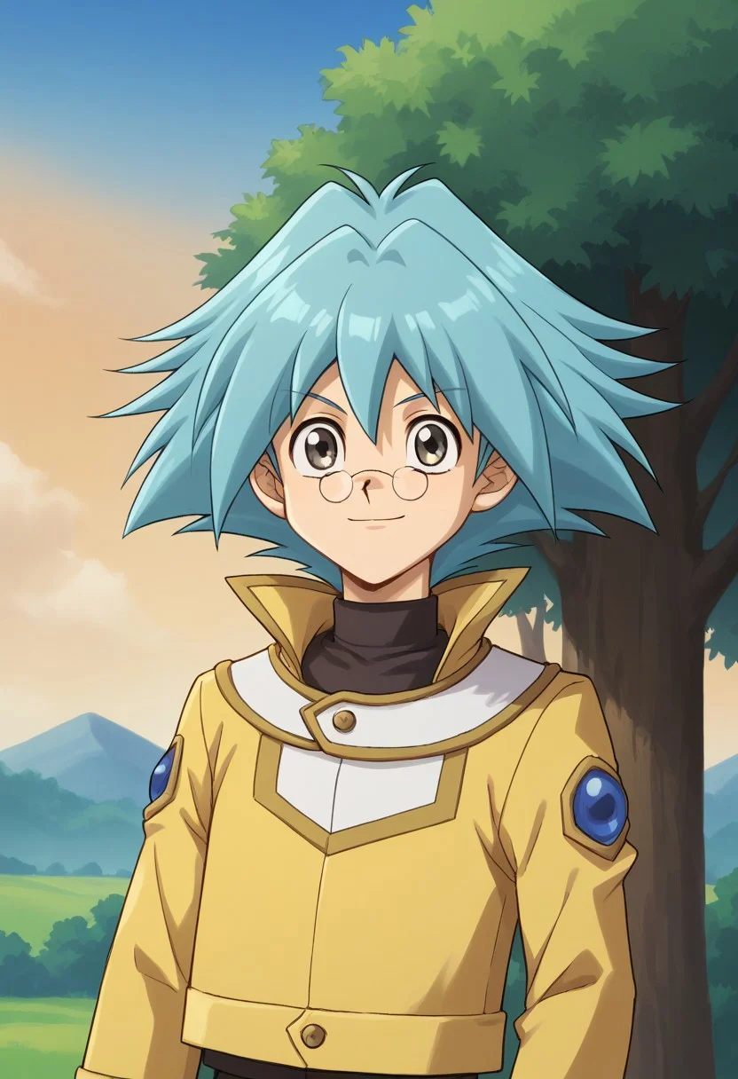 score_9, score_8_up, score_7_up, source_anime, highly detailed,
ShoMarufuji, solo, 1boy, male focus, glasses, smile, blue hair, spiked hair, grey eyes,
pince-nez, pants, ra yellow uniform, yellow jacket, black pants, long sleeves, upper body,
outdoor, sky, tree