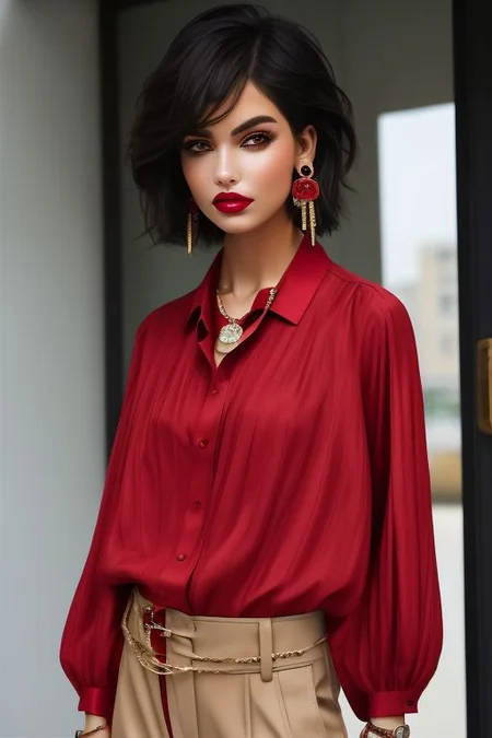 masterpiece, best quality, ultra detailed, perfect_eyes, bellissima, 1girl, collared shirt, brown pants, Armani style, very short hair, black hair, earrings, chain necklace, makeup cowboy_shot, theme dark, pale skin