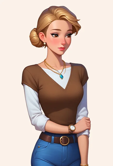 score_9, score_8_up, score_7_up, mercasg, BREAK 1girl, woman, young, solo, pretty, sad, upset, medium breasts, blonde hair, ((single bun on back of head:1.5)), bob cut, bob haircut, medium hair, brown eyes, light brown lipstick, makeup, ((earrings with blue feathers)), ((boho necklace with brown lace and blue cabochon:1.2)), denim vest with copper buttons, white shirt with loose sleeves rolled up to the elbow, brown T-shirt tucked into denim blue trousers, black waist belt with a gold buckle, ((a watch on the left hand with a brown strap)), (bracelets on the right hand), BREAK hands down, ((left hand holding right hand)), standing, cowboy shot, semi-sideways, half-sideways, looking down, BREAK simple background, white background
