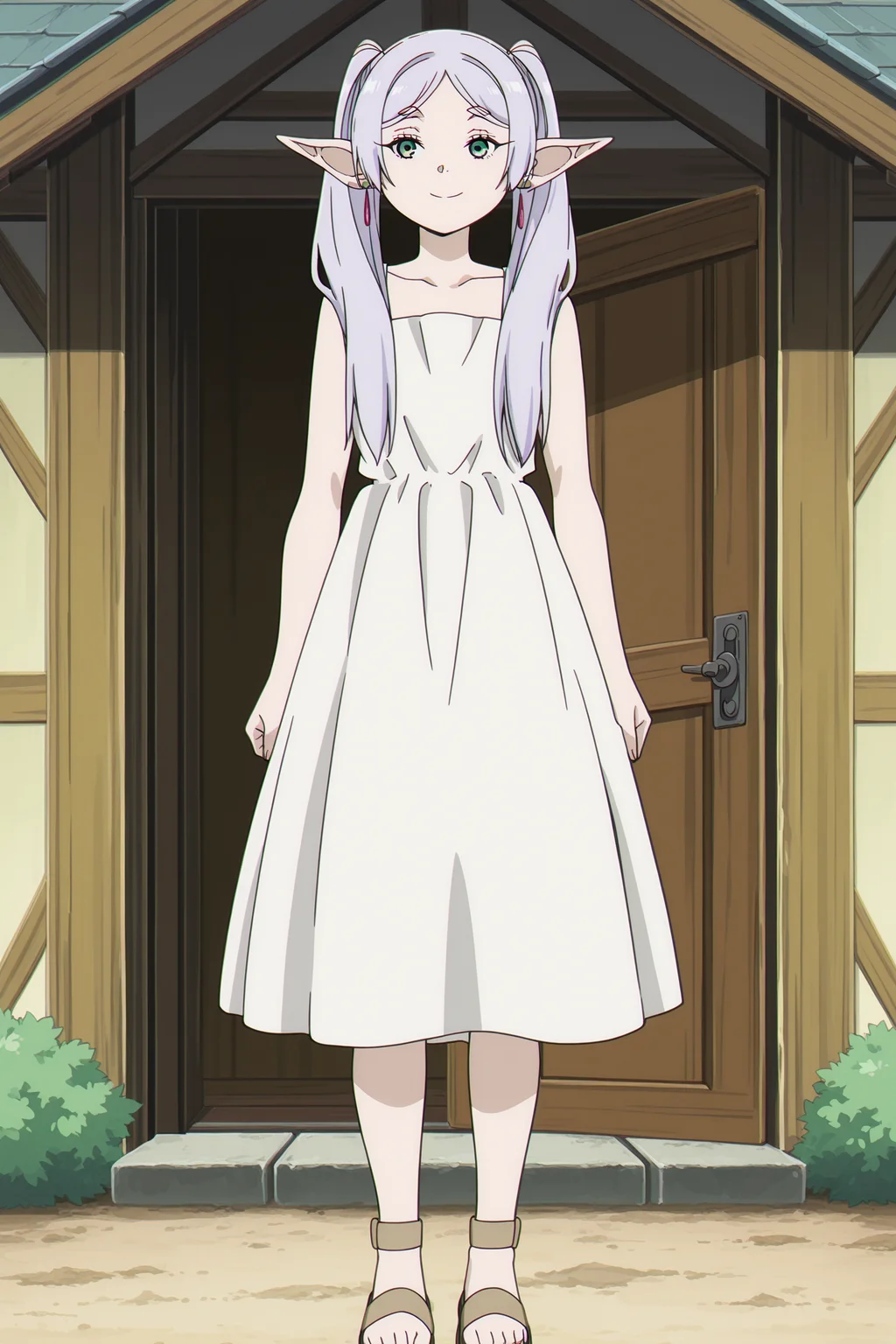 anime coloring, screencap, anime screencap, masterpiece, detailed face,
outside, near a house,
<lora:Frieren_Frieren_Beyond_Journeys_End_-_Illustrious_V2:1>1girl solo, Elf, pointy ears, gray hair, long hair, parted bangs, twintails, green eyes, earrings, Frieren white dress outfit, white dress, sleeveless dress, bare shoulders, sandals,
full body shot shot, girl looking at the viewer, smiling