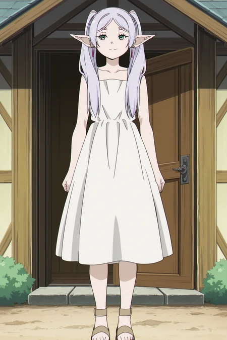 anime coloring, screencap, anime screencap, masterpiece, detailed face, 
outside, near a house,
 <lora:Frieren_Frieren_Beyond_Journeys_End_-_Illustrious_V2:1>1girl solo, Elf, pointy ears, gray hair, long hair, parted bangs, twintails, green eyes, earrings, Frieren white dress outfit, white dress, sleeveless dress, bare shoulders, sandals,
full body shot shot, girl looking at the viewer, smiling