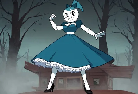 (Masterpiece, best quality:1.2), score_9, score_8_up, flat color, flat shading, soft shading, lighting, Jenny Wakeman as an adult, (((in a 1950's full length formal dark blue dress, a white belt, a fluffy frilly ruffled full white petticoat, and black high heels))), dress, layered petticoat, frilly petticoat, fluffy petticoat, full petticoat, detailed petticoat, wide skirt, detailed outfit, flowing skirt, (((long skirt))), (((solid dark blue colored dress, black high heels))), blue hair, series accurate, cute, best high quality, high res, robot, humanoid robot, (((giant breasts, cleavage))), whole body shot, 1girl, (((solo, outside, in a dark creepy forest, by a old ominous log cabin, at night, heavy fog surrounding her, fog, heavy fog, looking at you, low angle))), (((evil, evil smile, determined evil eyes, posing gracefully and evilly))), low angle shot, cartoon, cartoon style, vector, solo, circle dress, 1950s, dance dress jenny, jenny wakeman, 1girl, solo, robot joints, black eyes, white skin, ponytail, hair bow, blue rose chest corsage, poofy dress, blue hair, flat lighting,