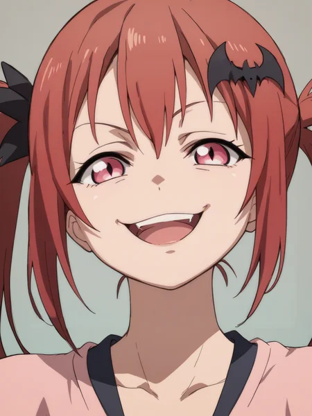 score_9, score_8_up, score_7_up, score_6_up, score_5_up,
satanichia kurumizawa mcdowell, 1girl, bat hair ornament, solo, red hair, meme, smile, pink eyes, portrait, parody, looking at viewer, (smug), open_mouth, 
 <lora:Love_Live:.75>