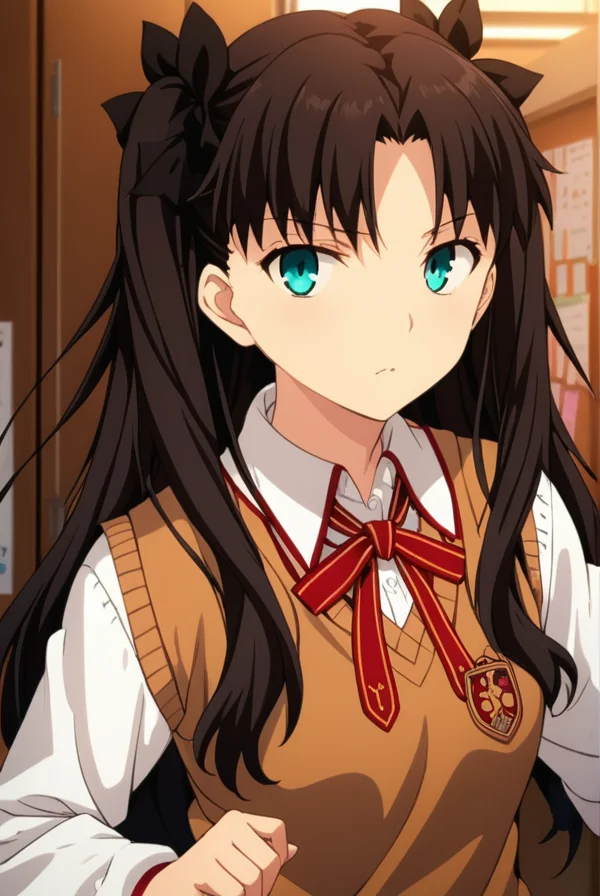 masterpiece, best quality, highres, 4k, 8k, intricate detail, cinematic lighting, amazing quality, amazing shading, soft lighting, Detailed Illustration, anime style,
rintohsaka, <lora:rin_tohsaka_ubw-sdxl-lora-nochekaiser:0.75>,
rin tohsaka, aqua eyes, black hair, hair ribbon, long hair, ribbon, sidelocks, two side up, parted bangs,
brown sweater vest, collared shirt, homurahara academy school uniform, neck ribbon, red ribbon, ribbon, school uniform, shirt, sweater vest, white shirt,
indoors, classroom,
looking at viewer, full body,