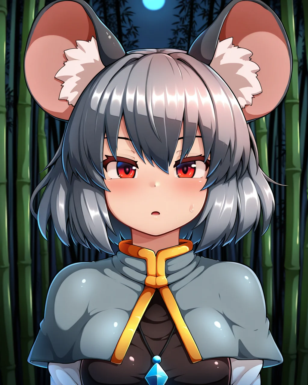 1girl, solo, nazrin,grey hair,animal ears,mouse girl,red eyes,necklace,grey capelet,black dress, peso \(cheese company\), looking at viewer, upper body, bamboo forest, night, (dark theme:0.6), masterpiece, best quality, very aesthetic, absurdres