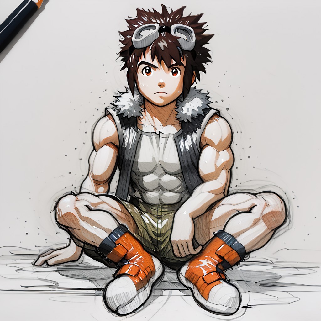 (Pencil_Sketch:1.2, messy lines, greyscale, traditional media, sketch), unfinished, hatching (texture), 1boy, solo, full body, male focus, daisuke, brown eyes, brown hair, short hair, spiked hair, goggles, goggles on head, boots, orange footwear, socks, male focus, muscular arms, muscular legs, muscular kid, muscular pectorals, kid with muscles, muscles, muscular abs, muscular forearms, muscular neck, muscular pecs, muscular shoulders, muscular thighs, ten abdominal muscles, ten abs, ten pack abs, ten-pack abs, ten-pack-abs, sweaty body,