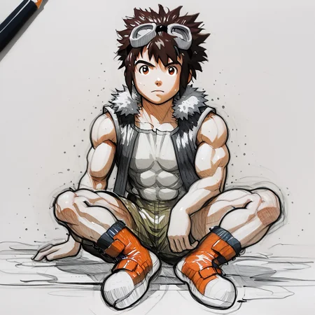 (Pencil_Sketch:1.2, messy lines, greyscale, traditional media, sketch), unfinished, hatching (texture), 1boy, solo, full body, male focus, daisuke, brown eyes, brown hair, short hair, spiked hair, goggles, goggles on head, boots, orange footwear, socks, male focus, muscular arms, muscular legs, muscular kid, muscular pectorals, kid with muscles, muscles, muscular abs, muscular forearms, muscular neck, muscular pecs, muscular shoulders, muscular thighs, ten abdominal muscles, ten abs, ten pack abs, ten-pack abs, ten-pack-abs, sweaty body,