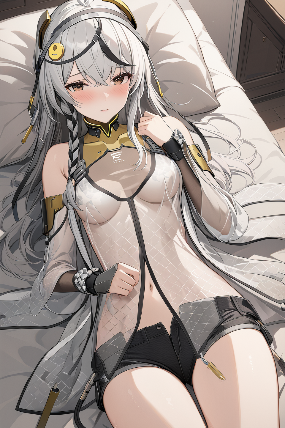 <lora:chernov1-000008:0.8> (best quality), ((masterpiece)), (highres),(extremely detailed CG unity 8k wallpaper),  1girl solo with cute face, cherno, lying on bed, bedroom, white long hair with black single braid, brown eyes, medium breasts, see through, open clothes, black short shorts, (ahoge:0.5), shy