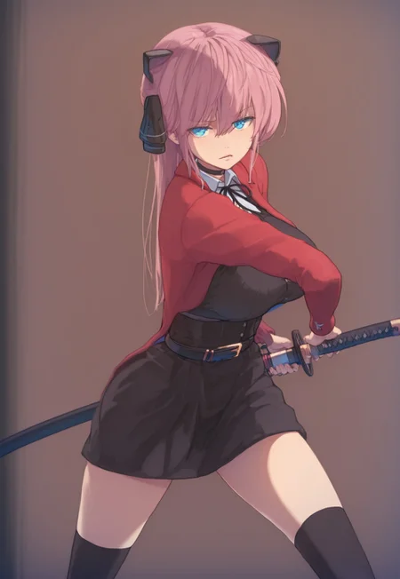 Masterpiece, best quality, ultra-detailed, expressive, outdoor background, anime, anime, anime, 1girl, solo, Vivi, pink hair, blue eyes, large breasts, choker, black ribbon, red coat, white shirt, bangs, short skirt, black thighhighs, black dress, battle pose, katana, unseating katana, iaidou,weapon, katana, holding sword, ready to draw, sheathed, unsheathing, scabbard,