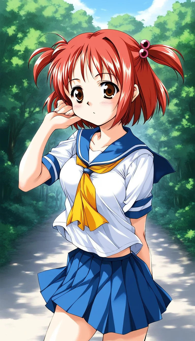 score_9, score_8_up, score_7_up, source_anime, rating_explicit, BREAK <lora:Megumi_Ver2.0_XL:0.9> Megumi, red hair, short hair, hair bobbles, brown eyes, hair ornament, two side up, twintails, breasts,
1girl, solo, school uniform, serafuku, blue skirt, sailor collar,
outdoor, day,
