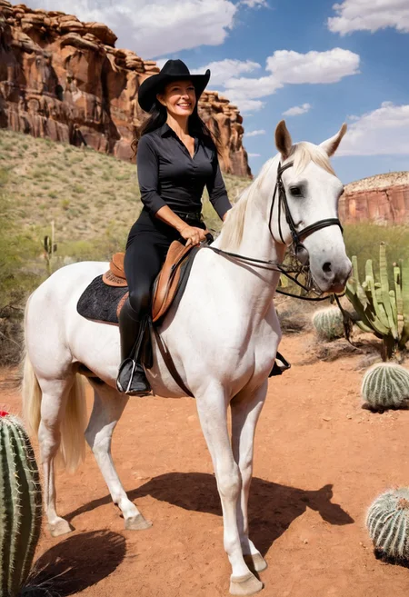 Portrait of a very beautiful 40 year old woman. she rides a horse, she is Russian, the horse is black. she is happy, she wears a cowboy hat, she has very long wavy hair, she drives in the desert. there are cacti everywhere. There are rocky outcrops, mesas, the midday sun is above us. There are white clouds above. it flows behind her. She is innocent but incredibly sexy. her ass is small, her chest flat.