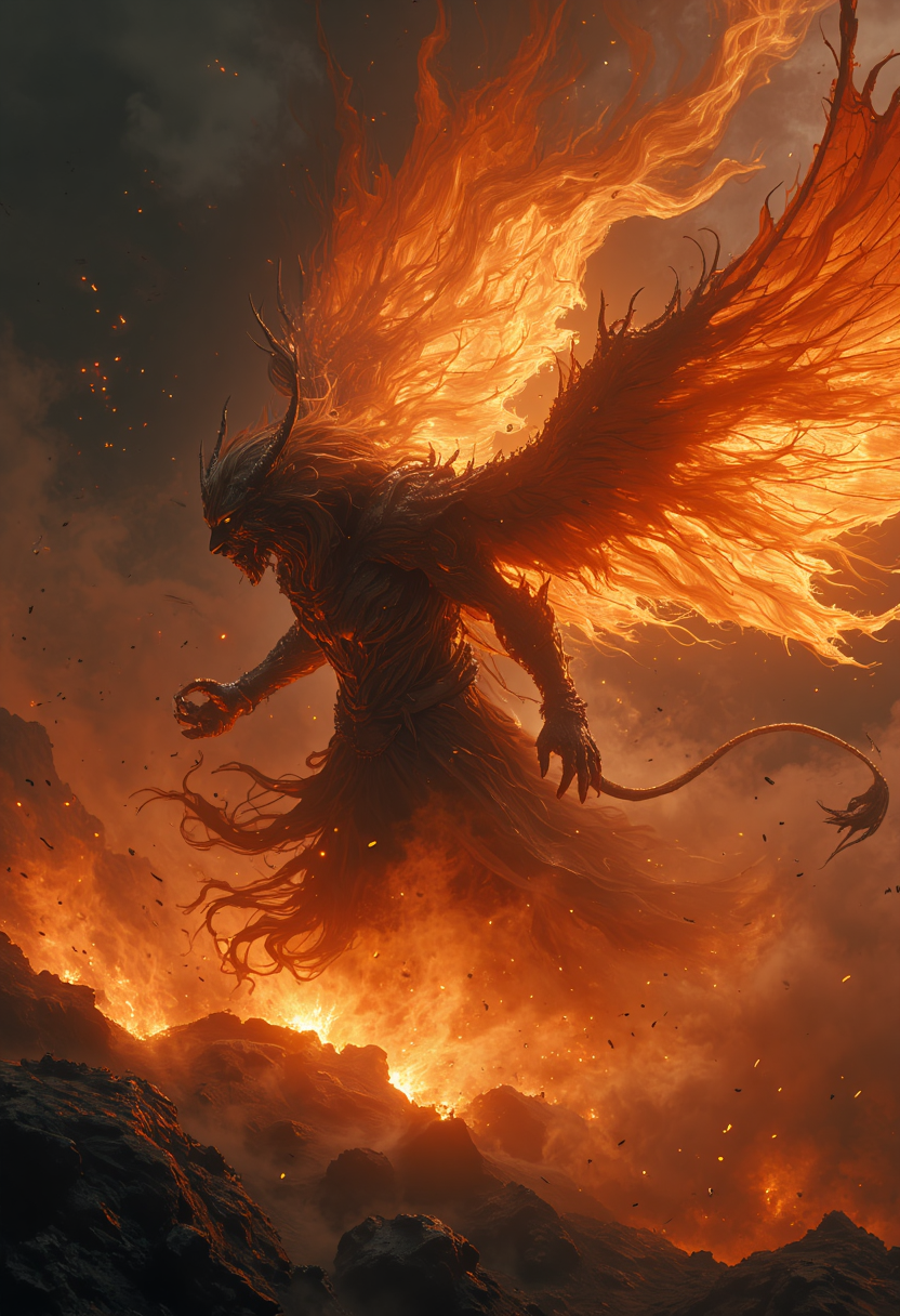 a dipiction of a fire winged lion emerging from shadow, (disintegrating and dissolving into fog and smoke:1.9), (blending form with reality:1.9). Framed in thick volumetric fog. diffused light, delicatly, whispering, eye catching masterpiece artwork. drifting fog, cracked light and scattering smoke in a dreamlike reality.
