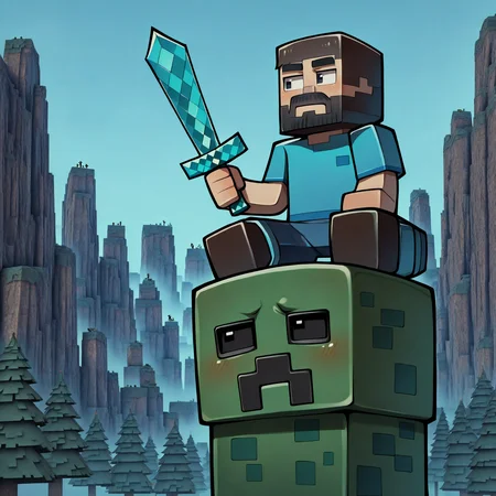 masterpiece, best quality, minecraft, steve \(minecraft\), outdoors, full body, beard, minecraft sword, holding sword, forest, mountain, on top of pole, blue shirt, creeper, stone, black hair, epic, 8k, sheep, diamond sword, sitting,