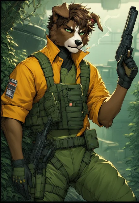 score_9, score_8, score_7, score_6, 1boy, solo, yoji_shinkawa, science fiction, border collie, green eyes, brown fur, brown hair, short hair, anthro furry, furry male, armored bodysuit, sci-fi bodysuit, orange hawaiian shirt, spaceship, dynamic pose, (((gun, sci-fi gun))), holster, straps, sm0k3, cigarette