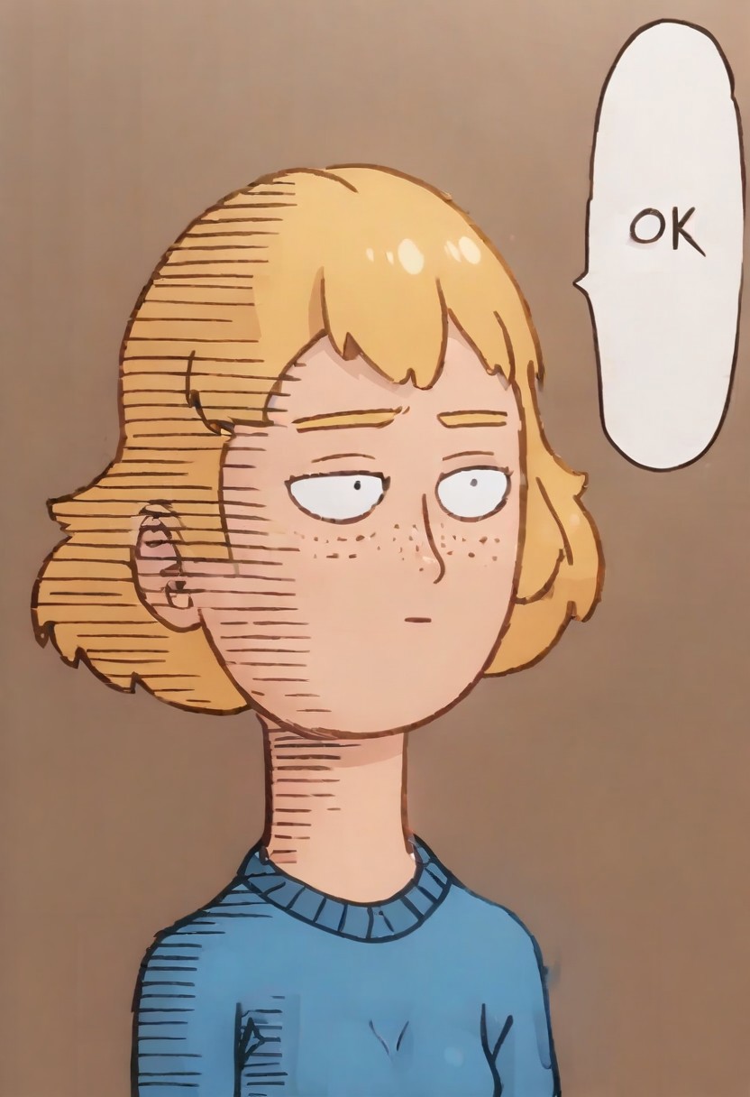 Score_9_up, score_8_up, score_7_up, BREAK, high quality, dynamic angle, 1girl, solo, judytgn, blonde hair, short hair, freckles, blue sweater, onepunchman_meme, white speech bubble, english text, meme, parallel lines, simple background, side view