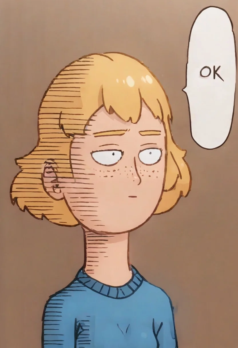 Score_9_up, score_8_up, score_7_up, BREAK, high quality, dynamic angle, 1girl, solo, judytgn, blonde hair, short hair, freckles, blue sweater, onepunchman_meme, white speech bubble, english text, meme, parallel lines, simple background, side view