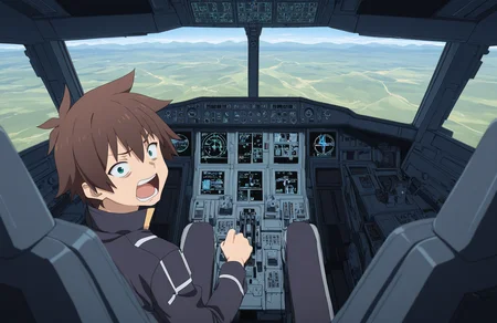 anime coloring,
<lora:[Concept - IL] A380 Cockpit (R2E10):0.7> a380cockpit,
airplane cockpit,
1boy, 1girl,
satou kazuma, aqua \(konosuba\) ,
screaming, !!, panic, scared, crying, angry, tears, shaded face, fear,
looking back, looking at viewer, facing away,
RED navigation display,
overhead panel,
thrust lever,
sitting, 
pilot uniform, headset,
indoors,
wide shot,
from behind,
hand on thrust lever,
speed lines, tall mountain, 
best quality, masterpiece,