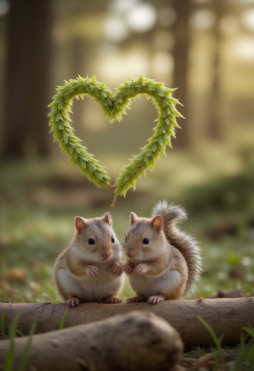 smolcute, tiny, under a heart-shaped heart made of leaves there are two squirrels in the forest close to each other, professional photo, blurry soft background