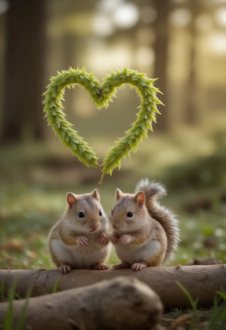 smolcute, tiny, under a heart-shaped heart made of leaves there are two squirrels in the forest close to each other, professional photo, blurry soft background