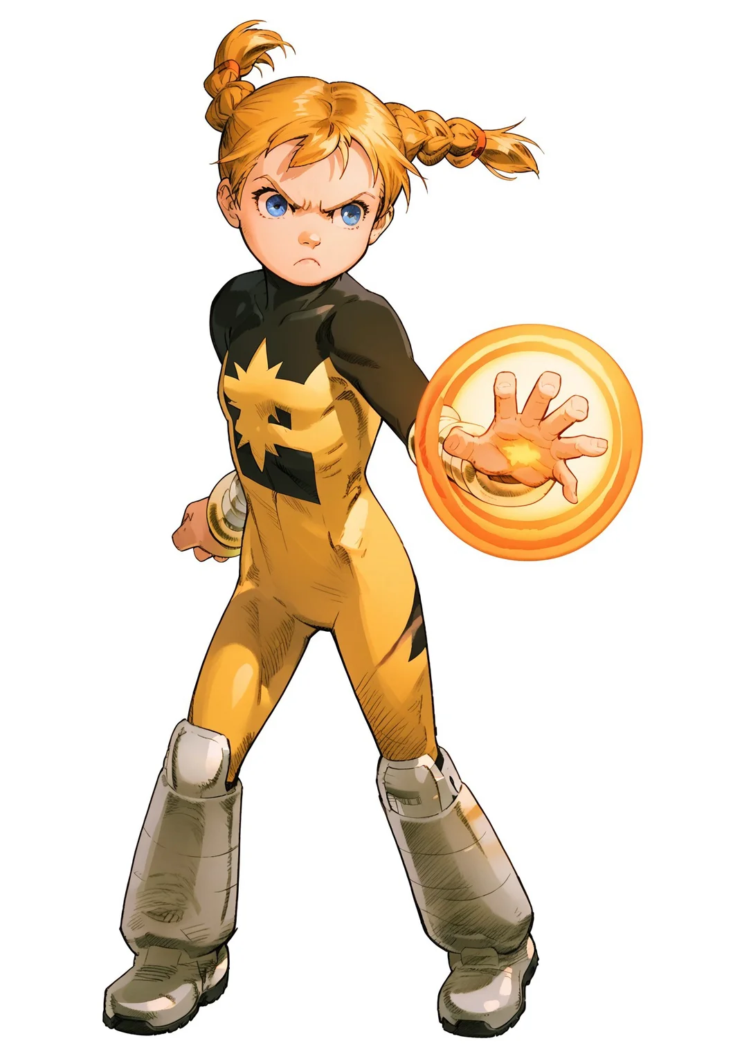 score_8, score_8_up, score_7_up, 1girl, solo, female focus, MVC2style, Katie_PP, blue eyes, blonde hair, twintails, short twintails, twin braids, flat chest, Power Pack uniform, asymmetrical clothes, star (symbol), ener_logo, print bodysuit, yellow bodysuit, black bodysuit, bracers, metal bracers, knee boots, metal boots, serious expression, standing, full body, fighting stance, simple background, white background, Energy ball, glowing hand,