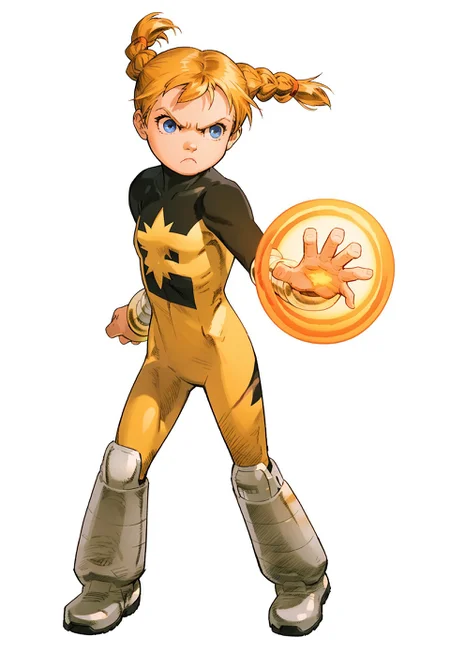 score_8, score_8_up, score_7_up, 1girl, solo, female focus, MVC2style, Katie_PP, blue eyes, blonde hair, twintails, short twintails, twin braids, flat chest, Power Pack uniform, asymmetrical clothes, star (symbol), ener_logo, print bodysuit, yellow bodysuit, black bodysuit, bracers, metal bracers, knee boots, metal boots, serious expression, standing, full body, fighting stance, simple background, white background, Energy ball, glowing hand,