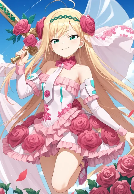 score_9, score_8_up, score_7_up, score_6_up, highest quality, masterpiece, best quality, source_anime, anime, (1girl, liones yelistratova (\hina logi: from luck & logic\), blonde hair, very long hair, green eyes, ahoge, pink tranceunion, pink dress, short dress, bare shoulder, strapless sleeves, flower headress, roses neckwear, light pink necktie, pink bowtie, long veil, floral dress, hair ornament) smug, weapon, dynamic pose,