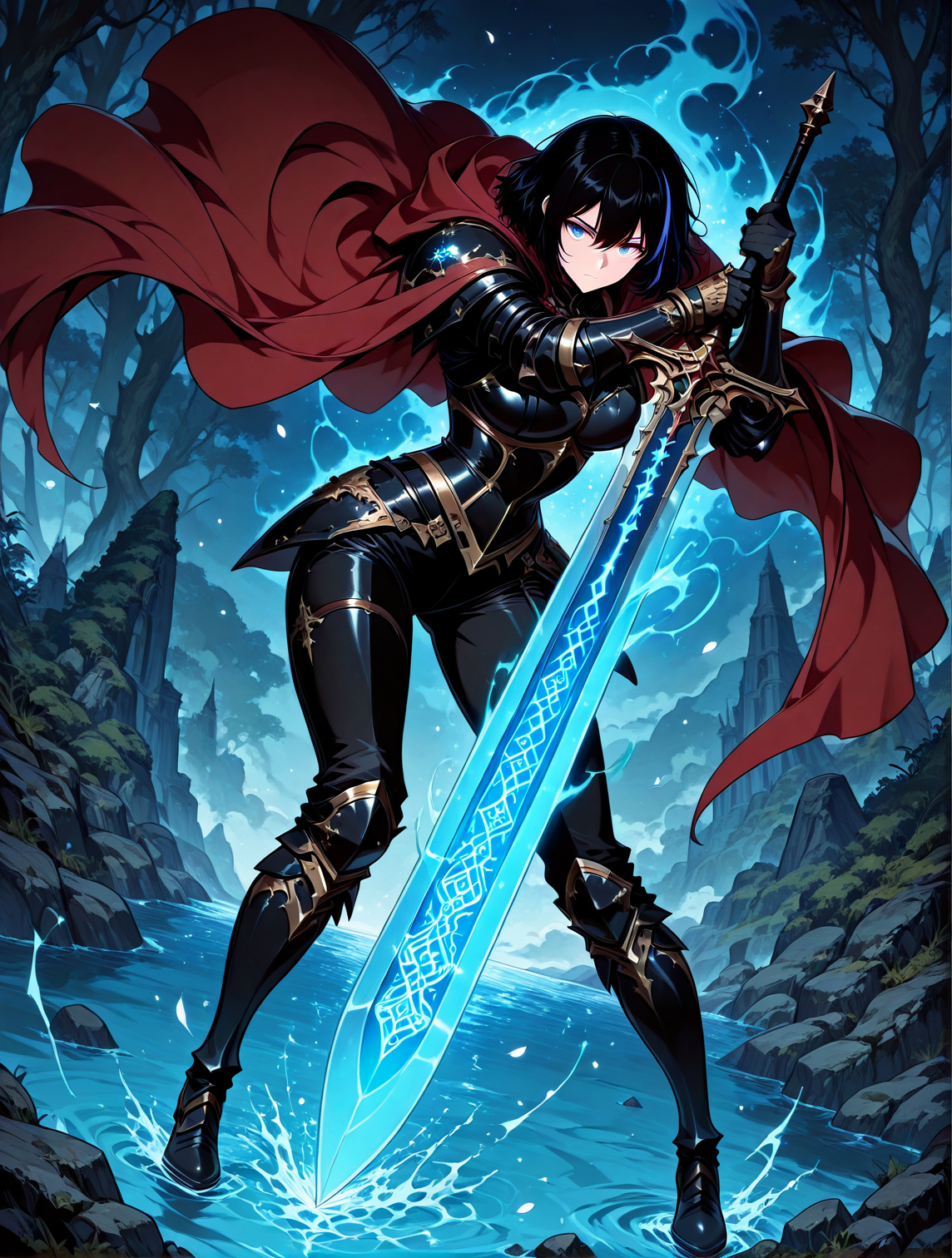 <lora:Cheon_Soyeon__The_Knight_King_Who_Returned_with_a_God__Illustrious:1>
1 girl, solo, black hair, short hair, loose hair, blue hair streak, multicolored hair, streaked hair, bangs, hair between eyes, blue eyes, large breasts
black armored boots, black armored armor, black corset, red cape, gauntlets, black gloves, black pants
zPDXL3, score_9_up, score_8_up, score_7_up, (Anime_source),Masterpiece,(perfect female body:1.2), small waist,(incredibly detailed:1.4), slim, beautiful fingers, sword masterpiece, best quality,high quality, newest, highres,8K,HDR,absurdres, enchanted sword, floating petals, intricate patterns, ethereal glow, holding sword, armored gauntlets, high fantasy, flowing cape, standing on water, floral motifs, blue and gold palette, celestial symbols, moonlit background, misty environment, depth of field, dramatic lighting, mystical aura, detailed background, dynamic pose, foreshortening, fantasy illustration, glowing runes, limited palette, elegant battle stance, cinematic shot., detailed background, dynamic pose, dynamic composition,dutch angle, detailed backgroud,foreshortening,blurry edges <lora:iLLMythG0thicL1nes:1> , <lora:Eyes_High_Definition:1>