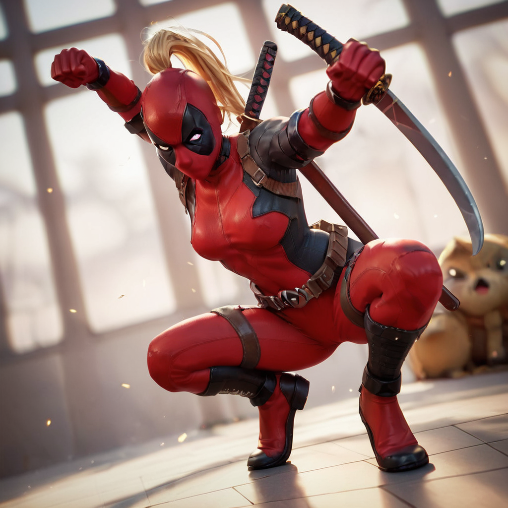 score_9, score_8_up, score_7_up, score_6_up, score_5_up, score_4_up, source_anime,  LadyDeadpool, bodysuit, no mouth, action pose, katana, holding katana, full body