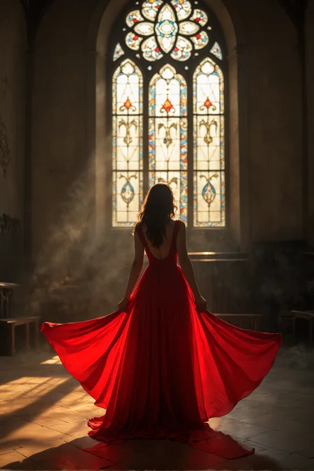 volumetric lighting style,A captivating woman in a flowing red gown stands , Dark atmosphere Church, huge window stained glass