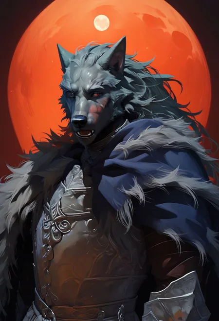 score_9, score_8_up, score_7_up, close up on face , rythblaiddpony, blaidd \(elden ring\), 1boy, wolf knight, standing, from side, full moon, moonlight, looking at viewer, sword on back, open mouth, red eyes, night, gauntlets,