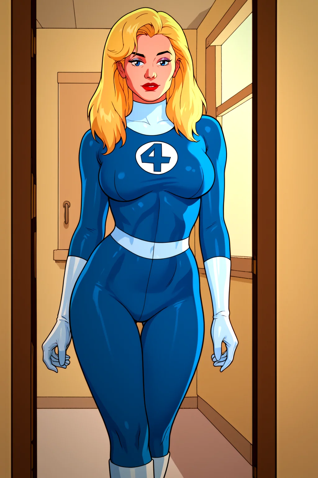1980s (style), retro artstyle, source_cartoon, score_9, score_8_up, score_7_up, score_6_up, <lora:add-detail-xl:1>, ((zPDXL2)), (perfect anatomy), cowboy shot BREAK <lora:Sue_Storm:0.8> susan storm, blonde hair, blue eyes, ((solo)), raised eyebrow, flirting, looking at viewer, lipstick, makeup, bodysuit, skin tight, white gloves, boots, large breasts, curvy, toned, athletic, thigh gap, standing, in bedroom