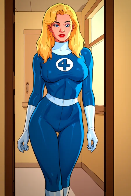 1980s (style), retro artstyle, source_cartoon, score_9, score_8_up, score_7_up, score_6_up, <lora:add-detail-xl:1>, ((zPDXL2)), (perfect anatomy), cowboy shot BREAK <lora:Sue_Storm:0.8> susan storm, blonde hair, blue eyes, ((solo)), raised eyebrow, flirting, looking at viewer, lipstick, makeup, bodysuit, skin tight, white gloves, boots, large breasts, curvy, toned, athletic, thigh gap, standing, in bedroom