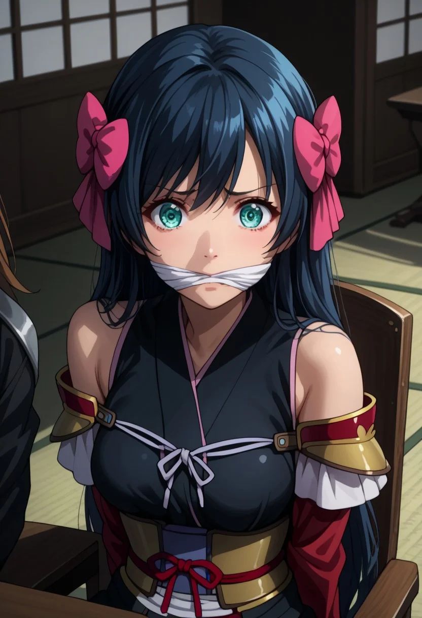 score_9, score_8_up, score_7_up, Expressiveh, detailed face, perfect face, detailed eyes,
arms behind back:1.5, abducted, girl is gagged, c1eavegag, ankles bound, struggling, wriggling,
nagahide niwa, long hair, blue eyes, black hair, hair bow, aqua eyes, medium breasts,
japanese clothes, armor, japanese armor, bare shoulders, shoulder armor, detached sleeves,
sitting on chair, tied to chair, chairtied, anxious, little bit anxious, view from top, view from above, looking at viewer, upper body, high detailed face,