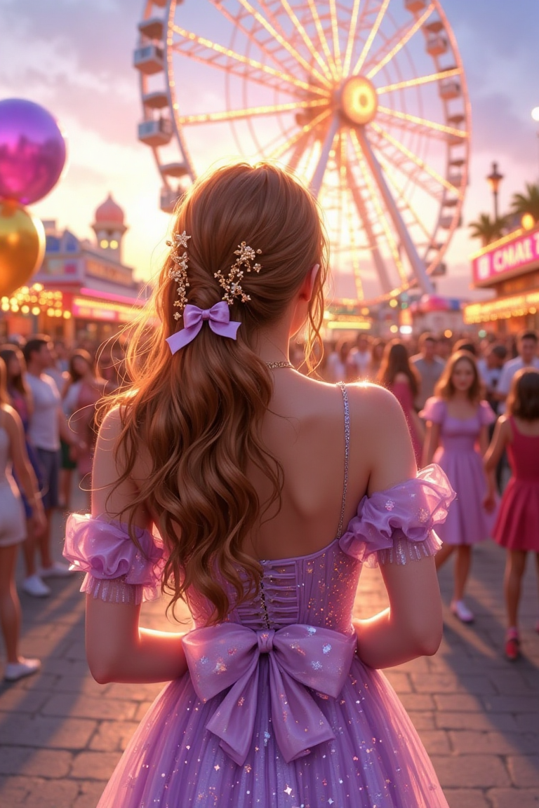 A sweet woman with long chestnut-brown hair, adorned with tiny star-shaped clips and delicate golden chains, stands near a brightly lit Ferris wheel at sunset. She wears a flowing lavender dress with oversized bows and shimmering sequins, catching the golden light. Around her, a lively crowd bustles: laughing children holding glowing balloons, couples snapping photos, and street performers juggling under the pastel sky. The Ferris wheel towers above, its lights reflecting off the vibrant, bustling scene