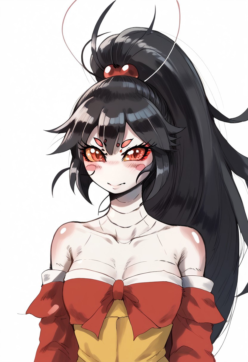 score_9, score_8_up, score_7_up, source_anime, anime illustration, masterpiece, best quality, lots of details, BREAK zPDXLx, mur4k4mi-ip,doublesleever style,blade under mask,nae mantis,manits girl,1girl,arthropod girl,solo,black hair,red eyes,blush stickers,ponytail,monster girl,long hair,spider girl,bare shoulders,hair ornament