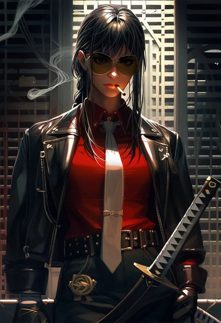score_9, score_8_up, score_7_up, score_6_up, gwzs, detailed drawing, 1girl, cigarette, necktie, sword, shirt, holding cigarette, braid, solo, gloves, belt, tinted eyewear, katana, long hair, pants, sheathed, smoke, red shirt, white necktie, black hair, katana