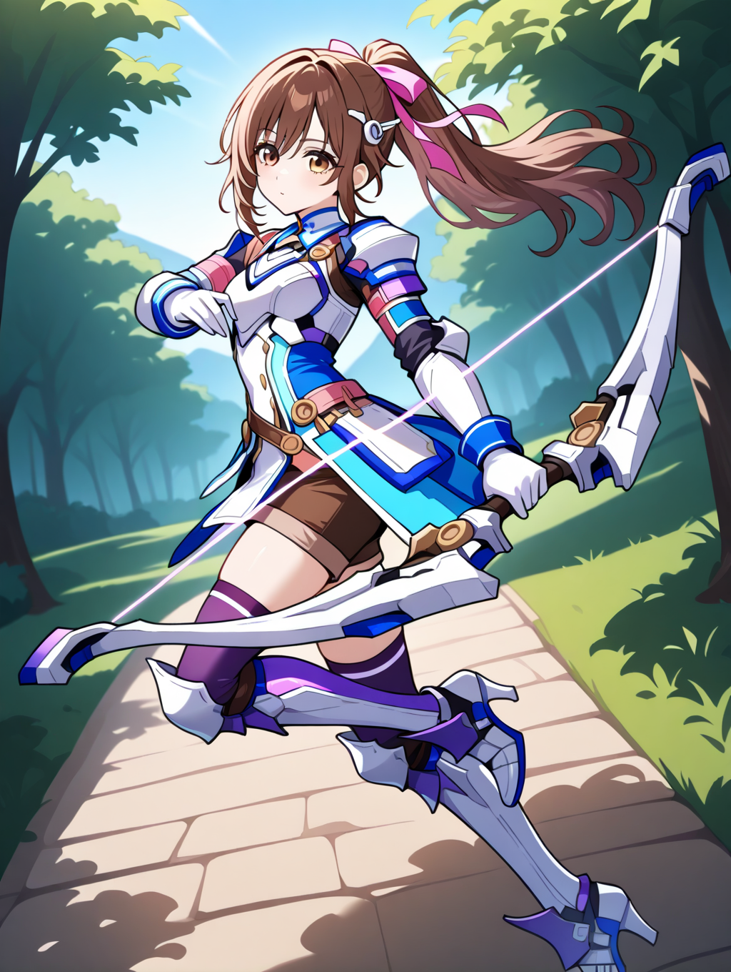 perfect quality,best quality,absolutely eye-catching,ambient occlusion,raytracing BREAK
1girl,<lora:reimi IL v1.2:0.7>,reimi,ponytail,brown hair,brown eyes,hair ornament,pink ribbon,armored dress,long sleeves,white gloves,shorts,purple thighhighs,purple greaves,white high heels,bow_(weapon),outdoors,