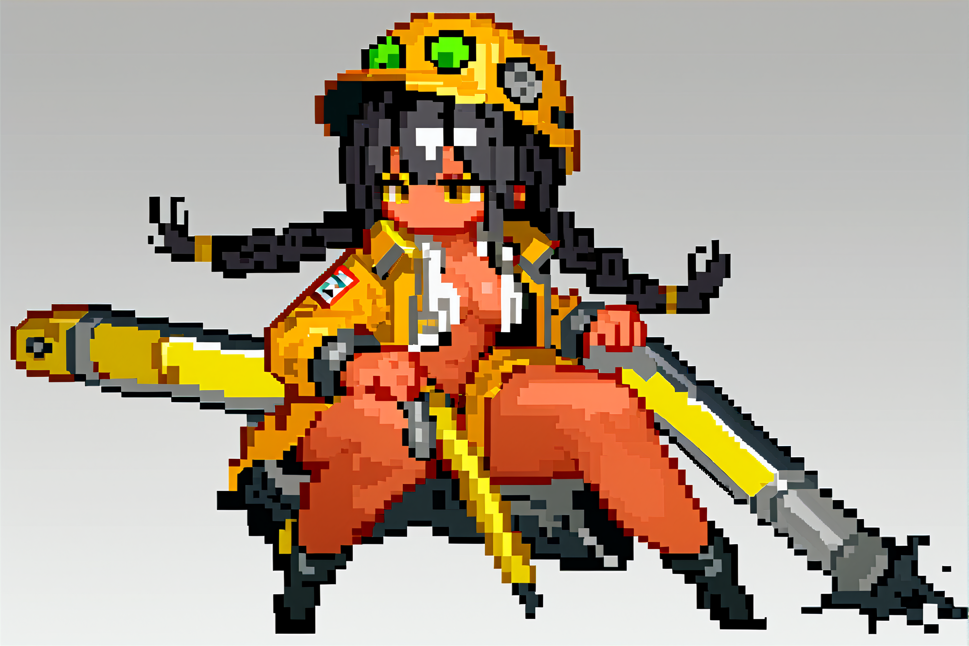score_9, score_8_up, score_8, 1girl, solo, pixel art, 1girl, yellow eyes, black hair, long hair, twin braids, crossed bangs, leather coat, medium breasts, nipslip, smile, athletic, very dark skin, construction worker, full body, The cyclone's storm surge caused widespread coastal flooding., HDA_PixelArtXL <lora:DungeonSquadStylePony-Regular:1>