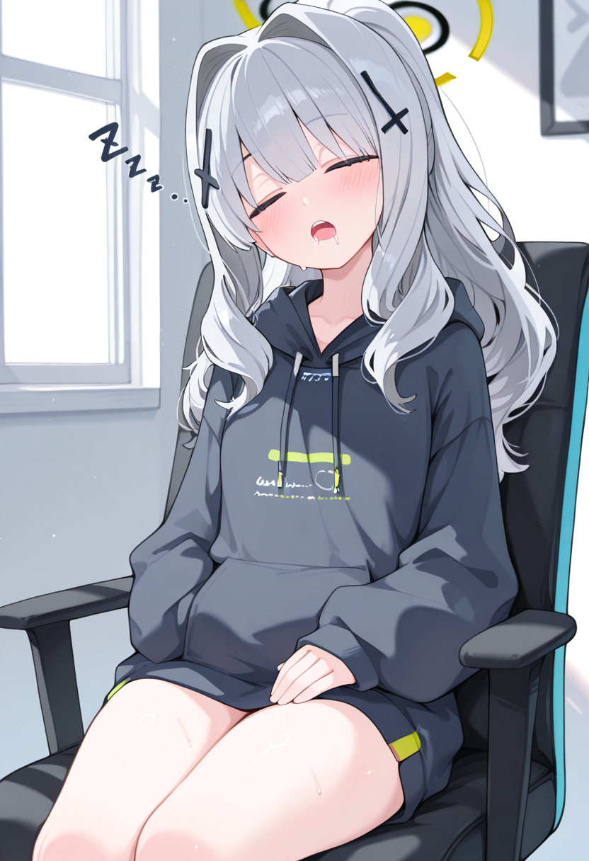 mikzn style, hare \(blue archive\),  1girl, solo, grey hair, long hair, hair ornament, cross hair ornament, closed eyes, open mouth, saliva, teeth, upper teeth only, blush, hoodie, hood, hood down, long sleeves, sitting, on chair, sleeping, sleeping upright, zzz, bedroom, window,  masterpiece, best quality, amazing quality, absurdres