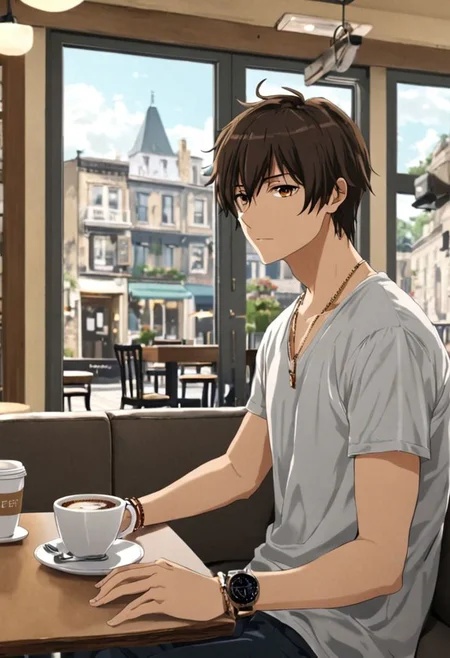 Highres, Masterpiece, High Quality, 4K, 8K, solo, 1Boy, Seiya Kanie, short dark brown hair, golden eyes, cafe, corner cafe, room corner, corner room, hang out, tables, chairs, sofas, pillows, window views, comfortable, coffee cups, casual wear, small simple necklaces, bracelets, watches, easynegative, detailed_eye_model