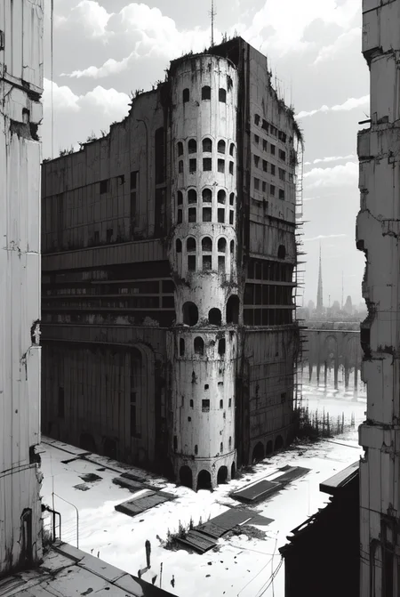((masterpiece)), ((best quality))1girl, Empty, ruins, huge scenes, sky, metal, machines, machinery ,Black and white, comic style, shabby landscape, heavy black and white, <lora:Blame!:1>